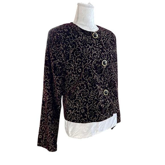 Vintage Maroon Velour Gold Glitter Jacket Women Sz Medium 90s Sparkle Christmas - Picture 3 of 16